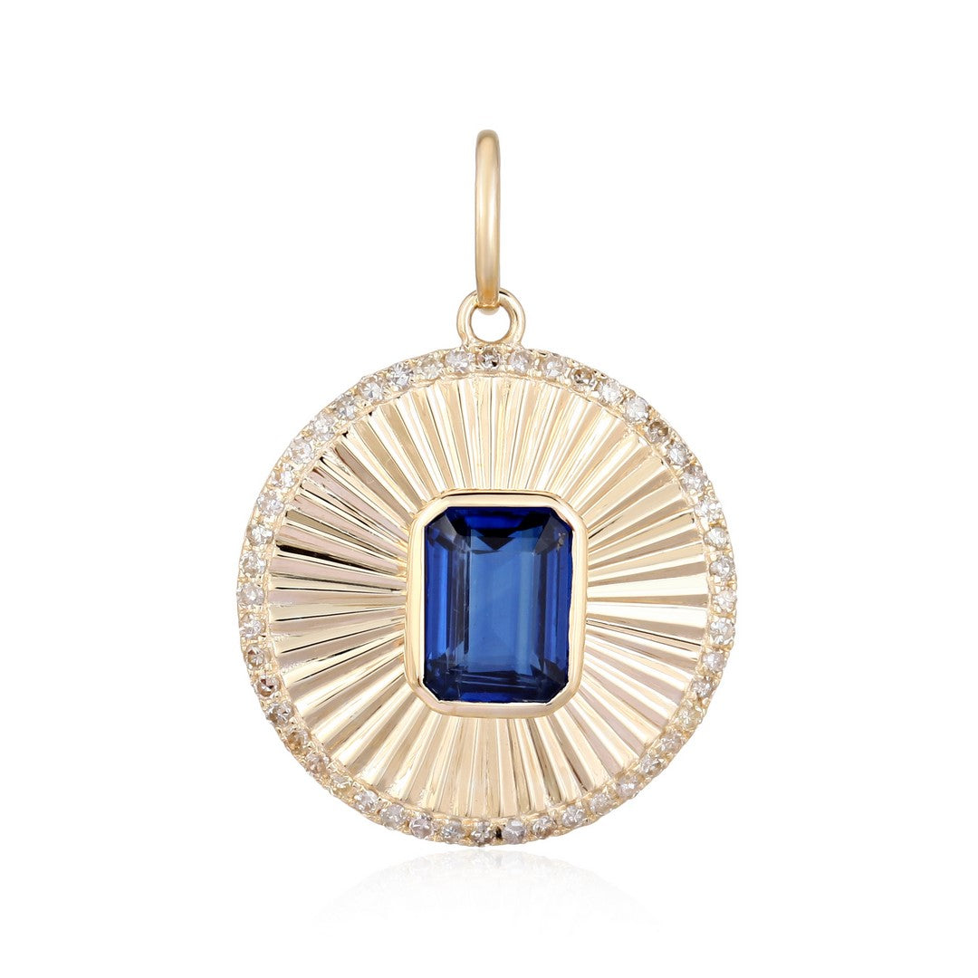 Blue Sapphire Sunburst Diamond Pendant in 14K Gold