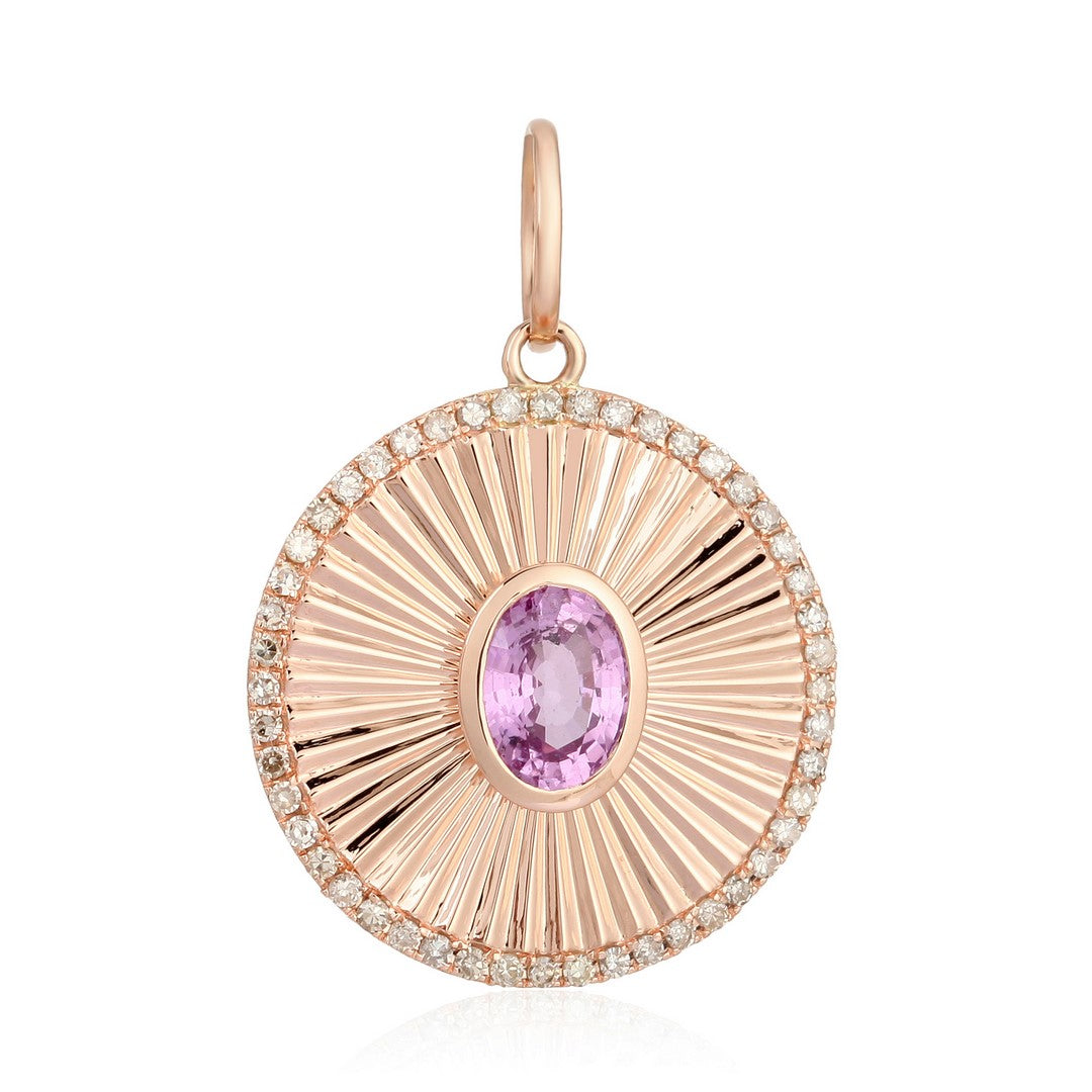Blue Sapphire Sunburst Diamond Pendant in 14K Gold