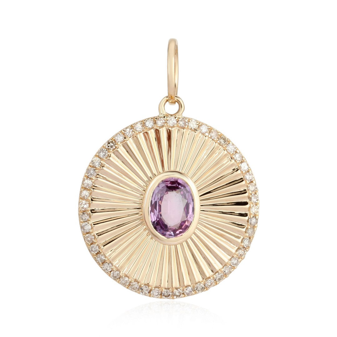 Blue Sapphire Sunburst Diamond Pendant in 14K Gold