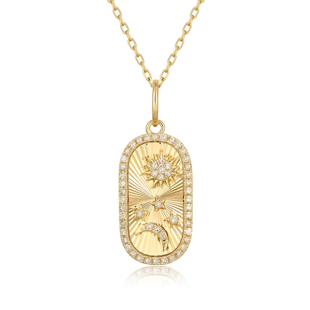 14K Yellow Gold Diamond Celestial Tag Pendant