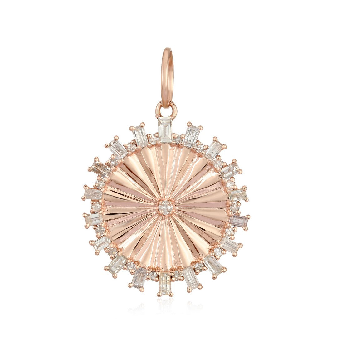 Sunburst Diamond and Baguette Halo Pendant in 14K Gold
