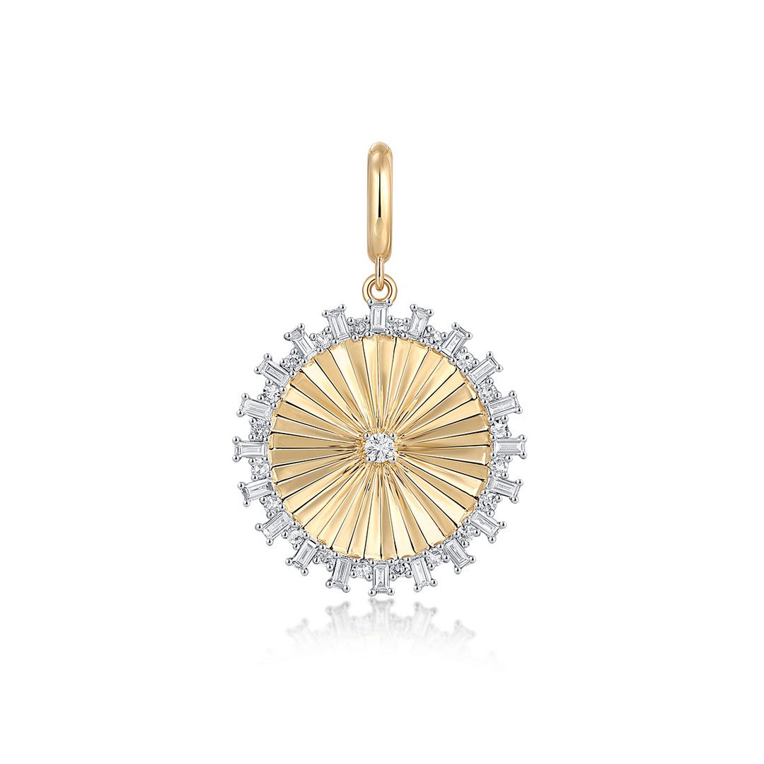 Sunburst Diamond and Baguette Halo Pendant in 14K Gold