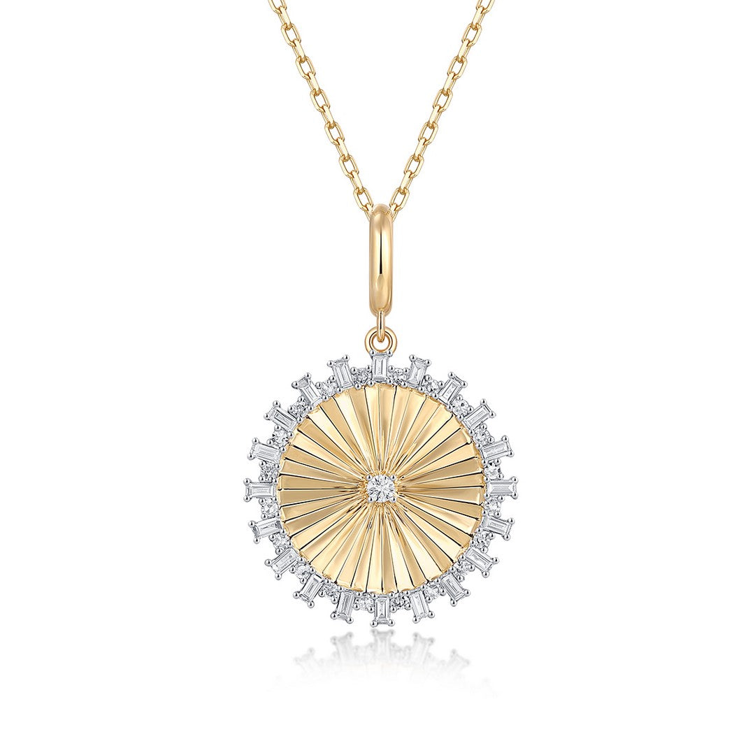 Sunburst Diamond and Baguette Halo Pendant in 14K Gold