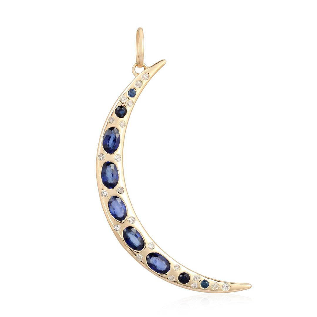 Blue Sapphire and Diamond Crescent Moon Pendant in 14K Gold