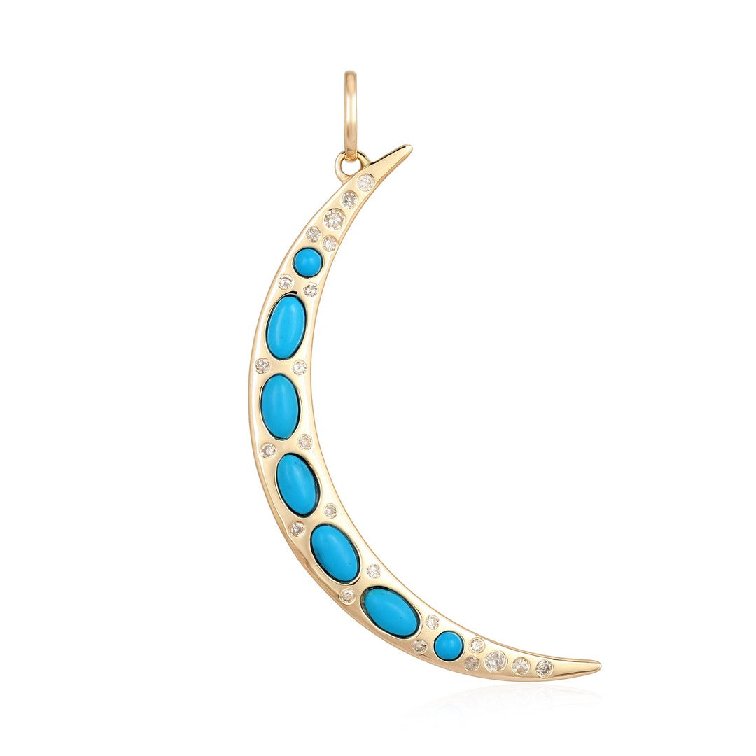 Blue Sapphire and Diamond Crescent Moon Pendant in 14K Gold