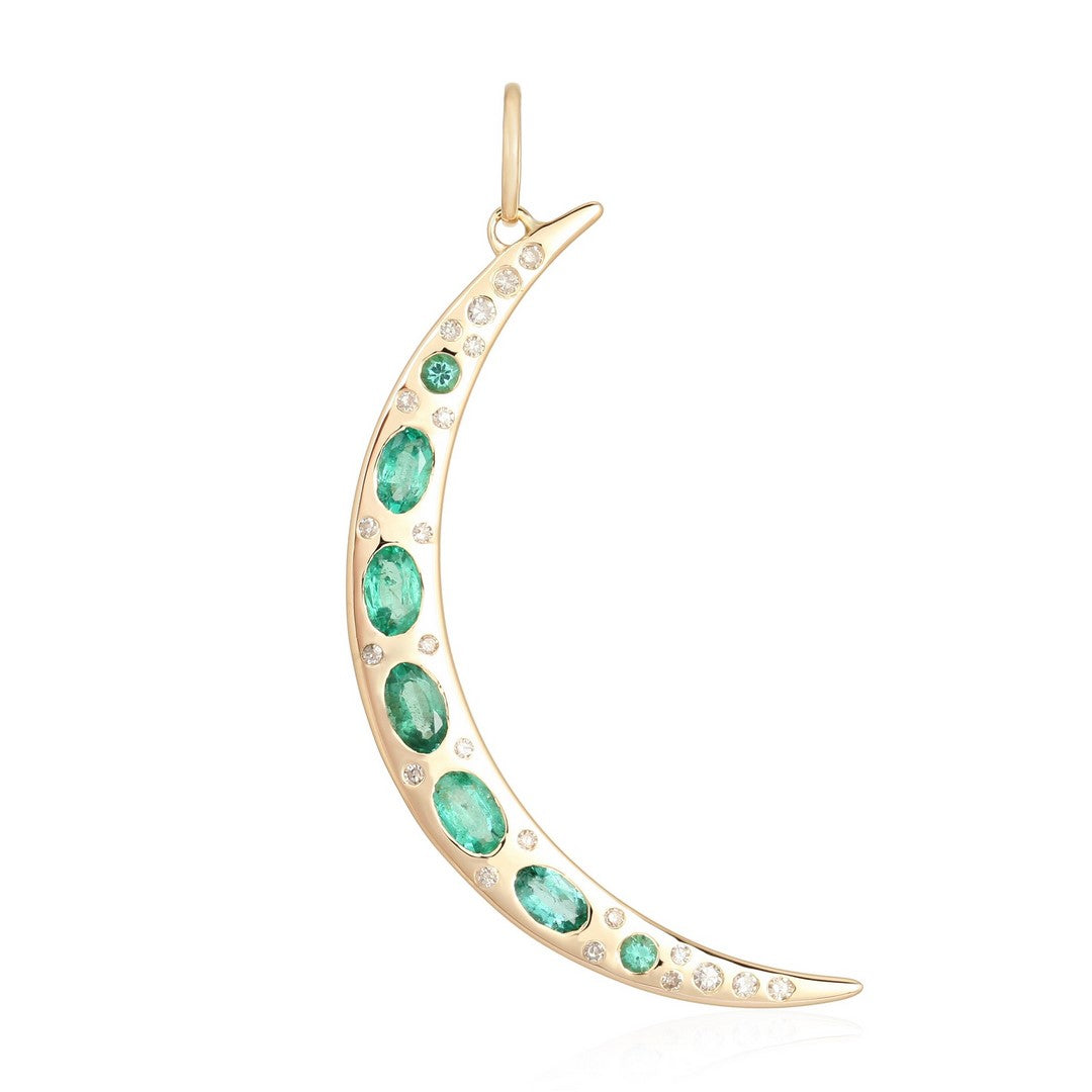 Blue Sapphire and Diamond Crescent Moon Pendant in 14K Gold
