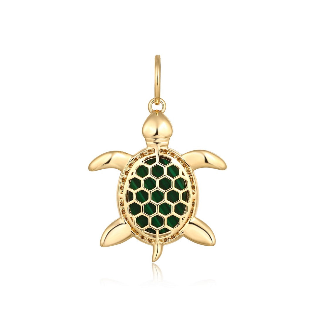 Malachite Honeycomb Turtle Diamond Pendant in 14K Gold