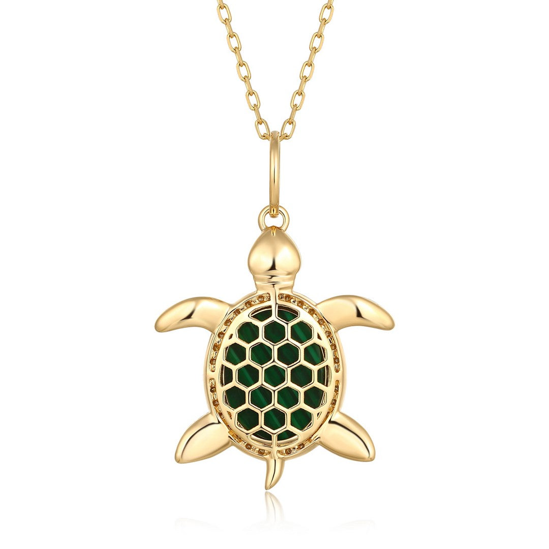 Malachite Honeycomb Turtle Diamond Pendant in 14K Gold