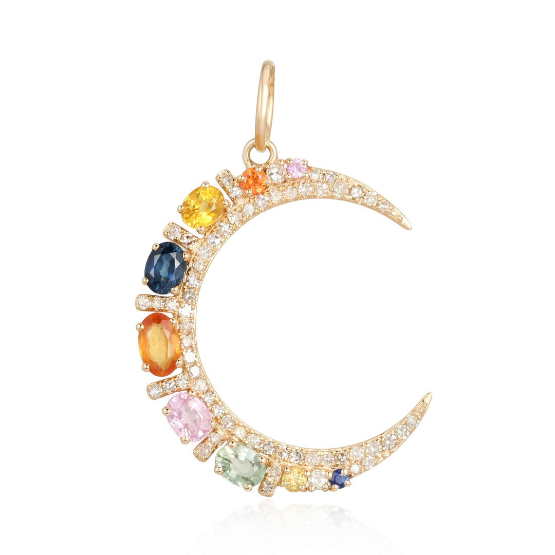 Emerald Crescent Moon Diamond Pendant in 14K Gold