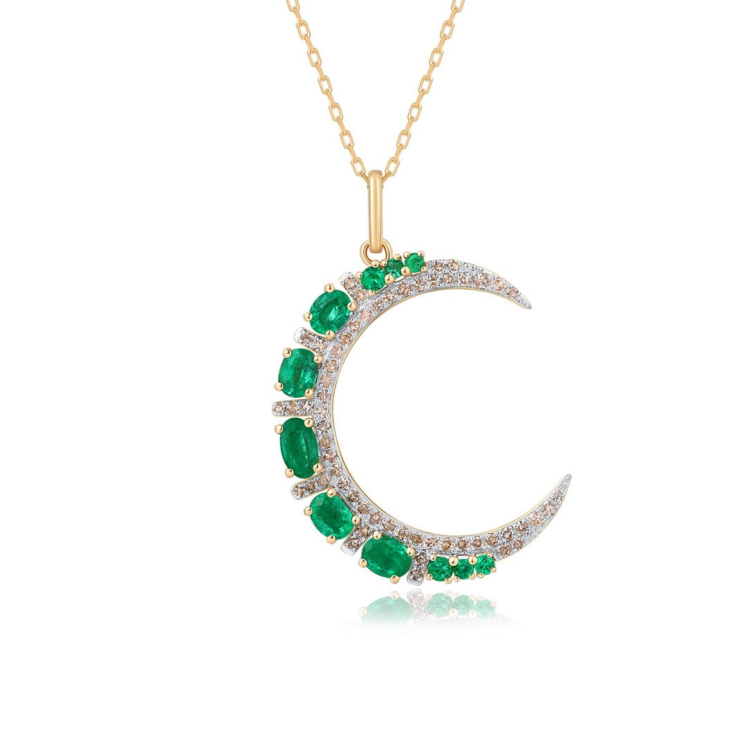 Emerald Crescent Moon Diamond Pendant in 14K Gold