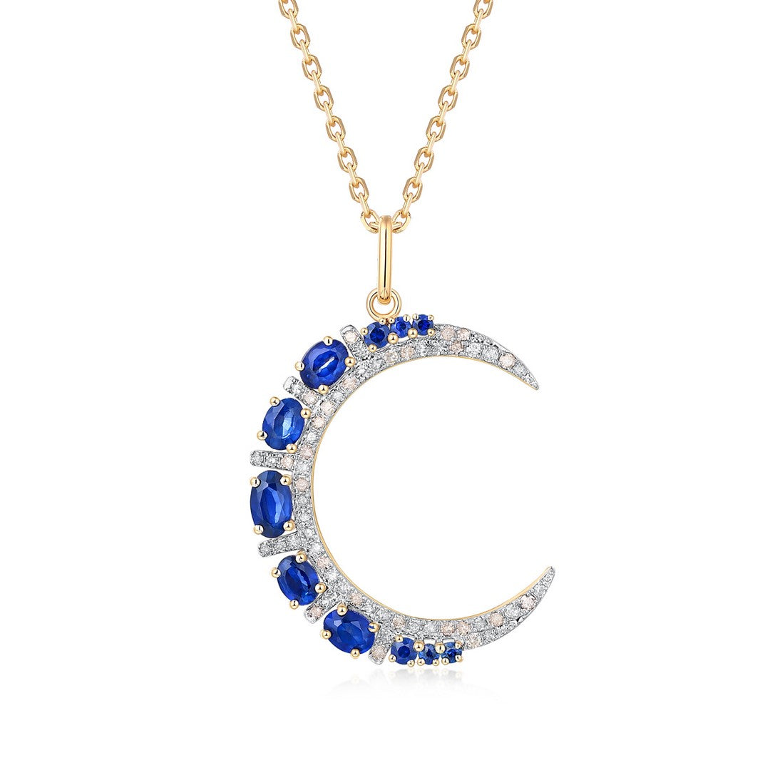 Emerald Crescent Moon Diamond Pendant in 14K Gold
