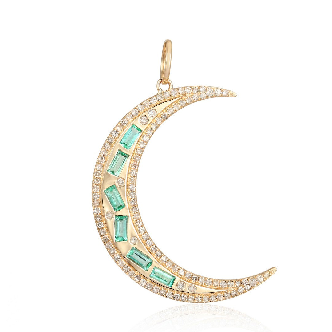Rainbow Gemstone Crescent Moon Diamond Pendant in 14K Gold