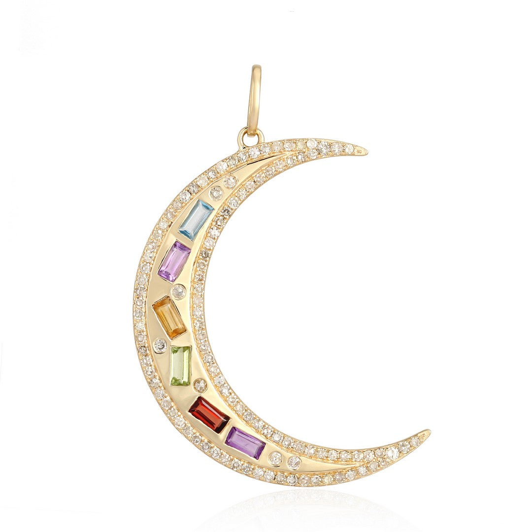 Rainbow Gemstone Crescent Moon Diamond Pendant in 14K Gold