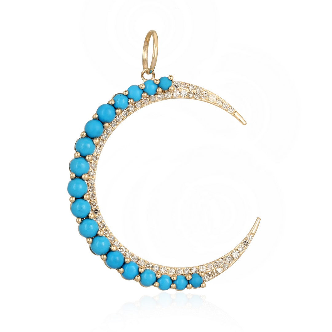 14K Yellow Gold Blue Sapphire & Diamond Crescent Moon Pendant