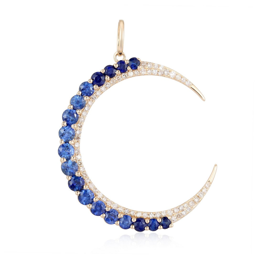 14K Yellow Gold Blue Sapphire & Diamond Crescent Moon Pendant