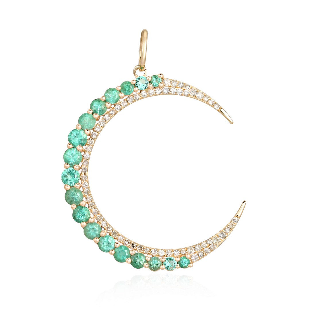 14K Yellow Gold Blue Sapphire & Diamond Crescent Moon Pendant