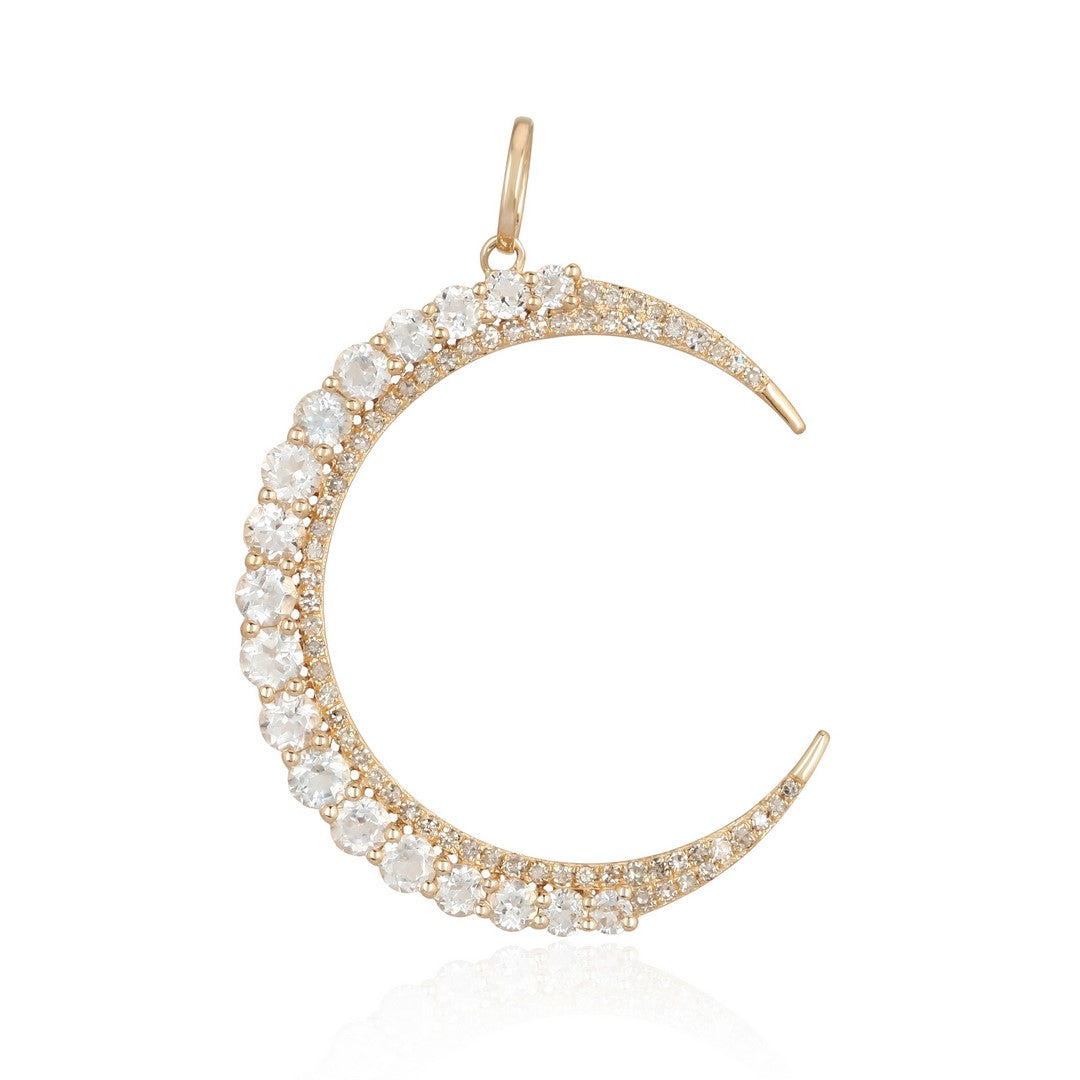 14K Yellow Gold Blue Sapphire & Diamond Crescent Moon Pendant
