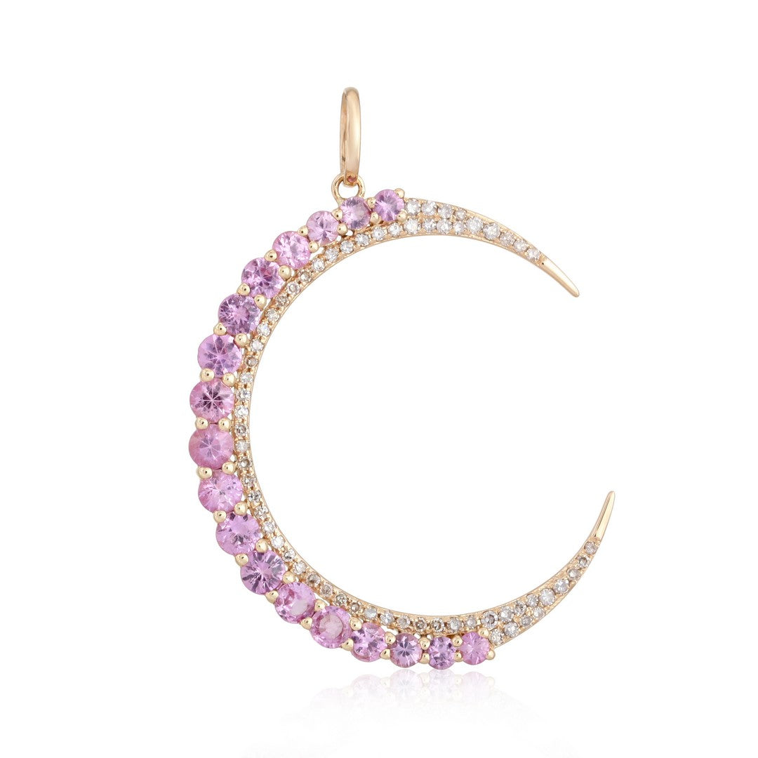 14K Yellow Gold Blue Sapphire & Diamond Crescent Moon Pendant