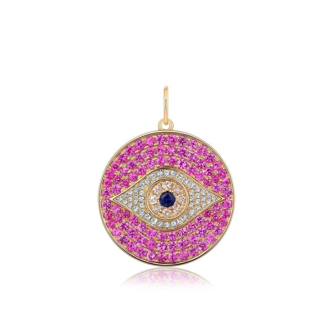 Evil Eye Sapphire and Diamond Medallion Pendant in 14K Gold