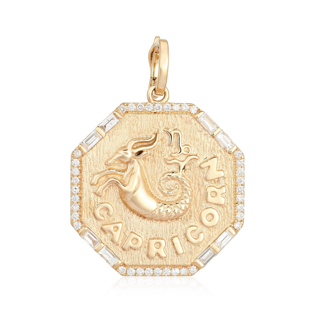 Capricorn Zodiac Diamond Medallion Pendant in 14K Yellow Gold