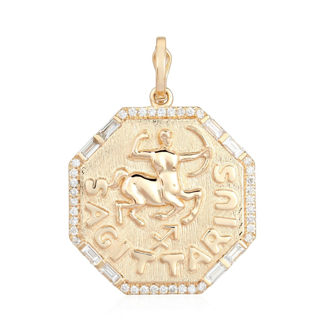 Sagittarius Zodiac Diamond Medallion Pendant in 14K Yellow Gold