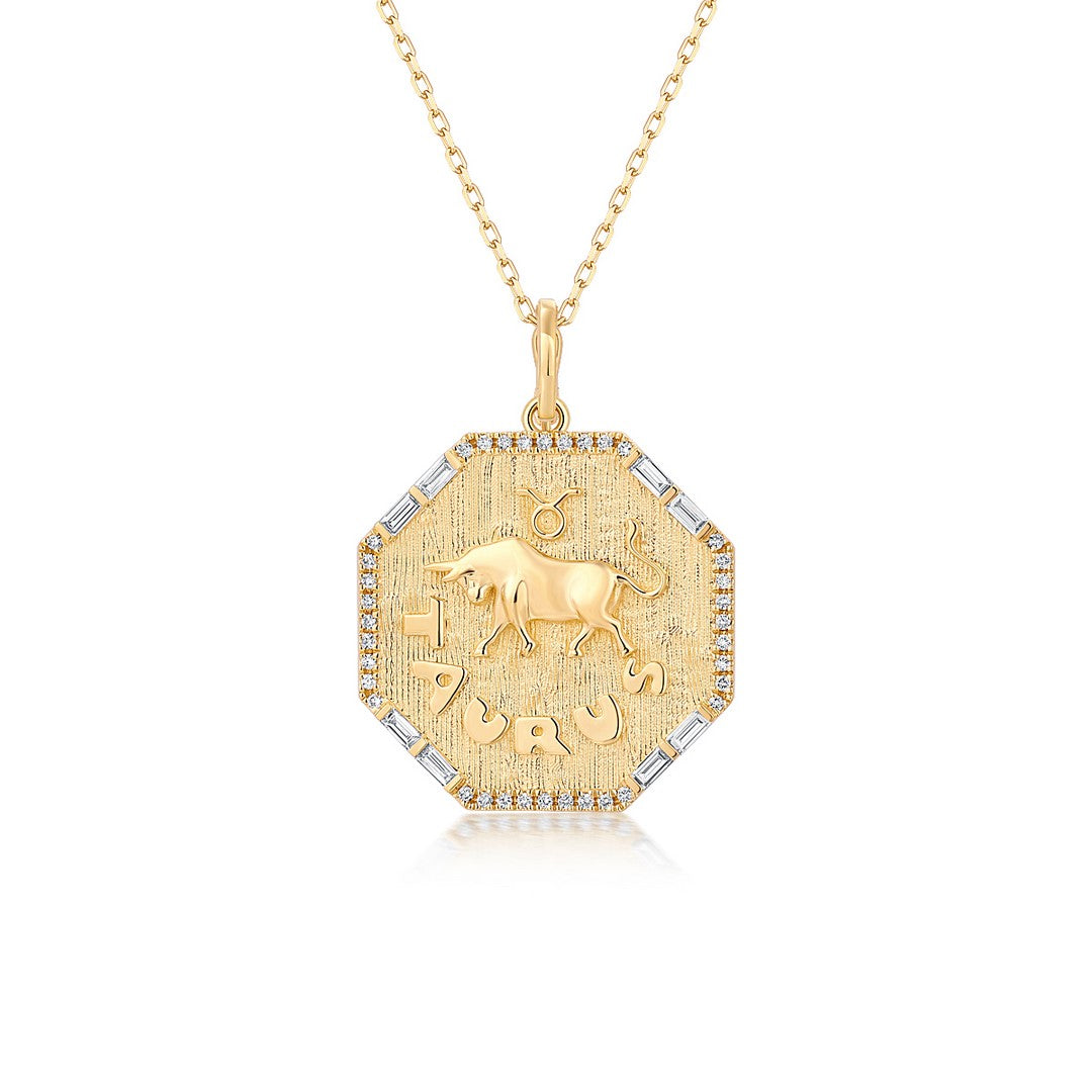 14K Yellow Gold Taurus Zodiac Pendant Necklace with Diamond Halo