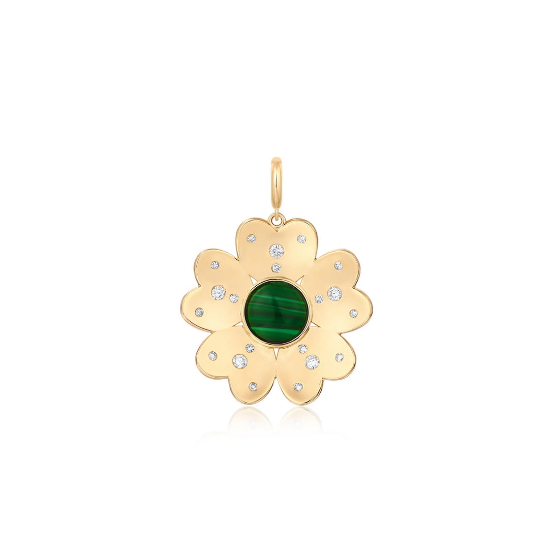 14K Yellow Gold Malachite Flower Pendant Necklace with Diamond Accents