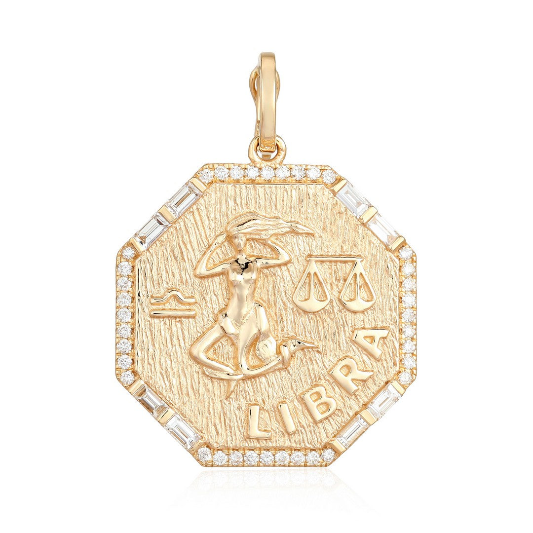 14K Yellow Gold Libra Zodiac Pendant with Diamond Halo