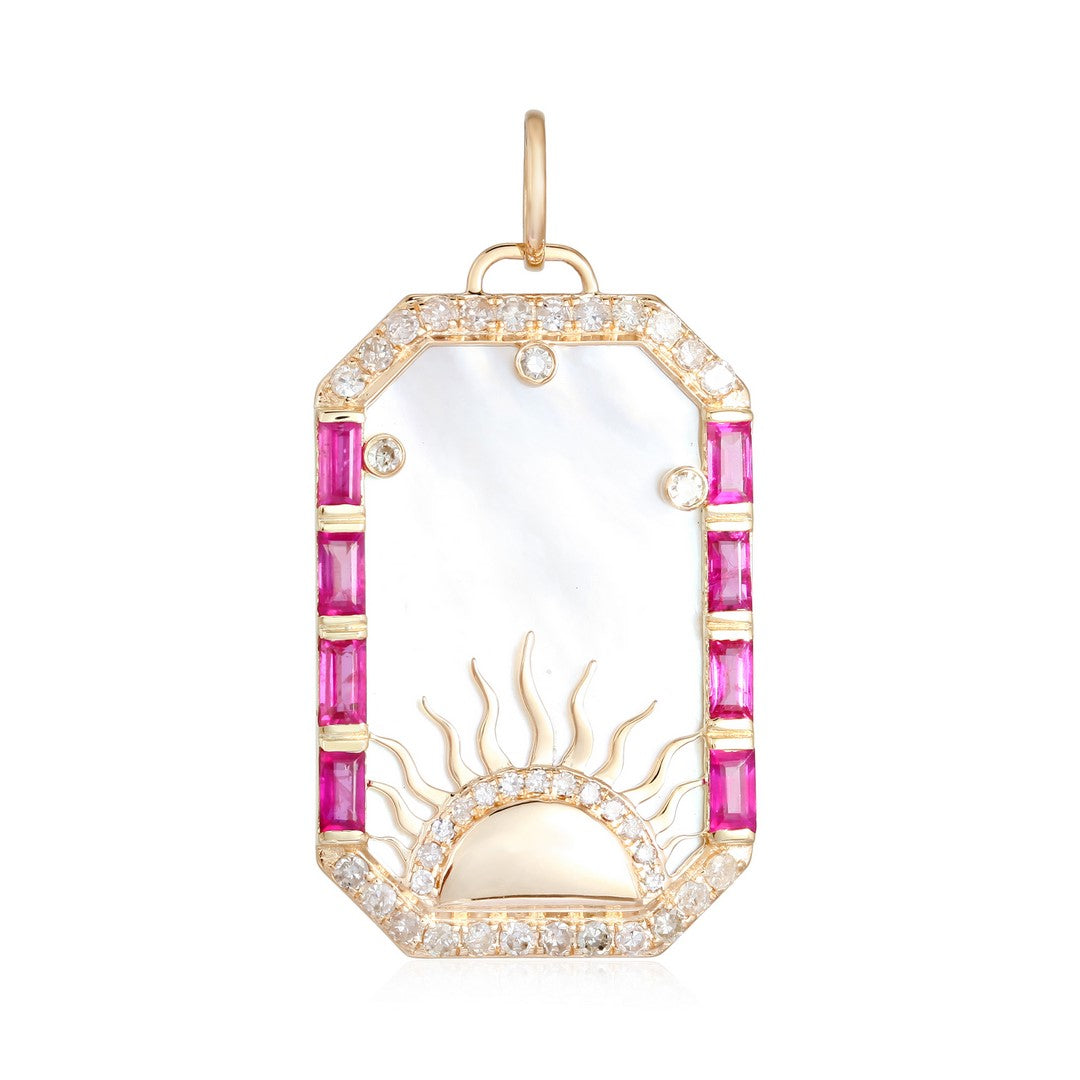 14K Yellow Gold Mother-of-Pearl Sunburst Pendant with Blue Sapphires & Diamond Halo
