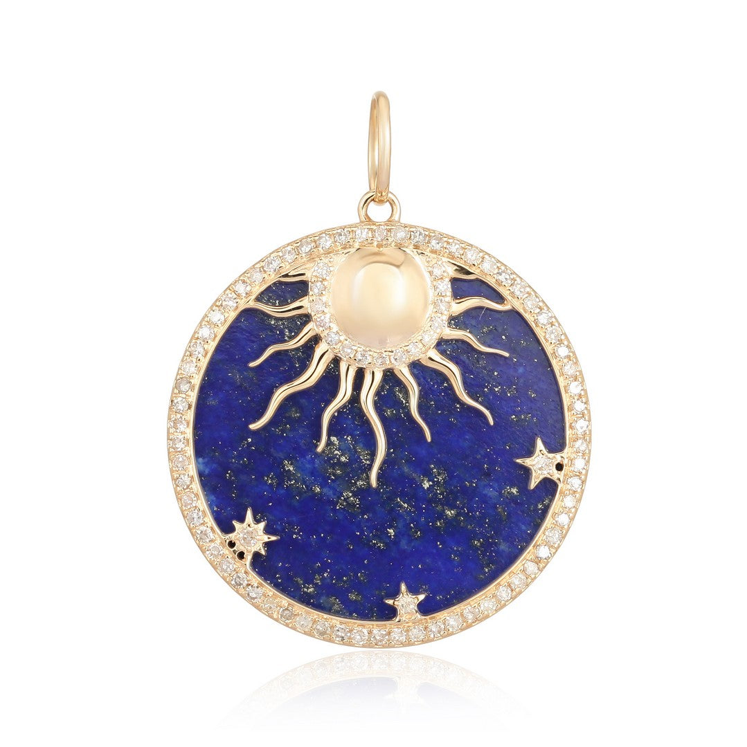 14K Yellow Gold Lapis Lazuli Sunburst Pendant with Diamond Halo & Star Accents
