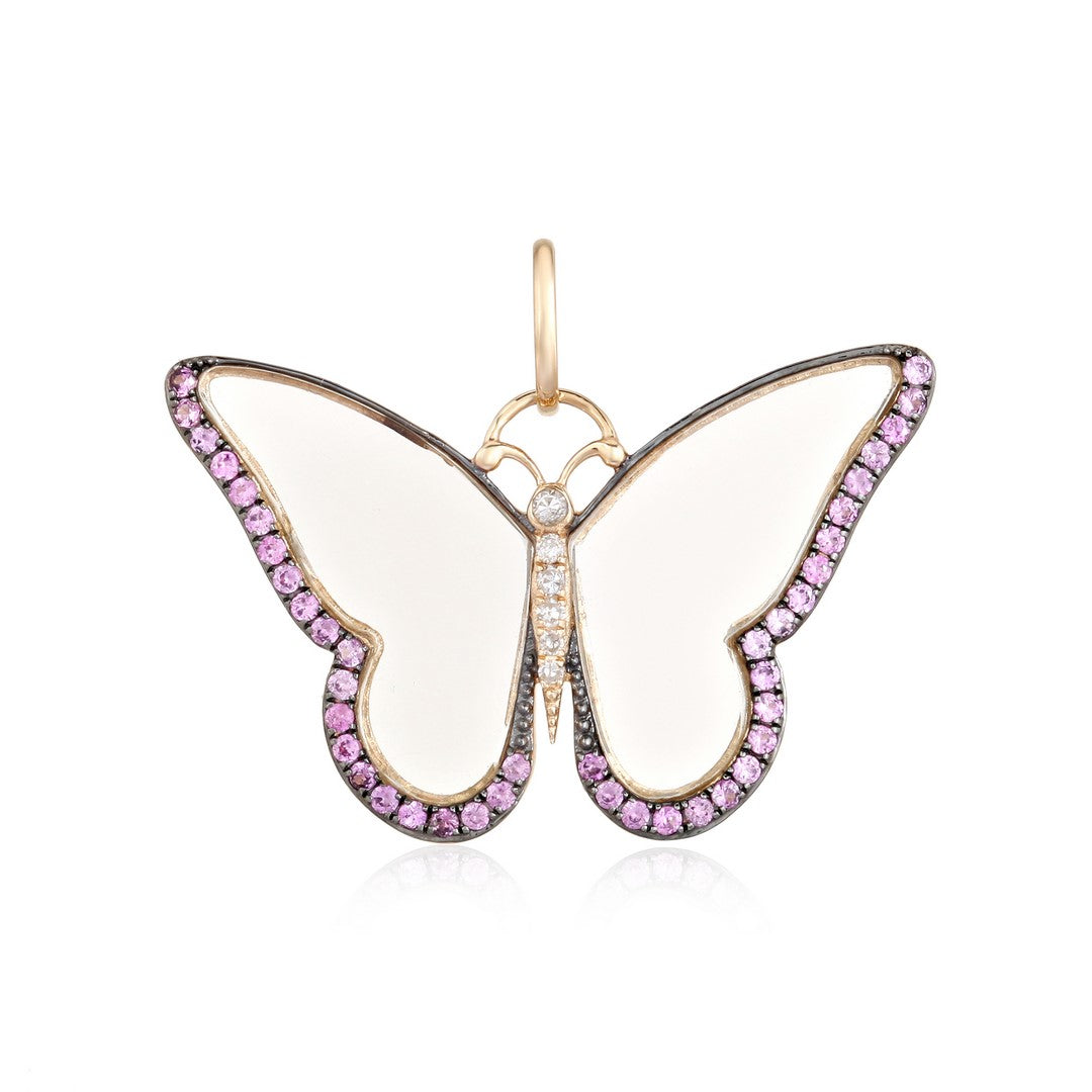 Pink Gemstone & Diamond Butterfly Pendant in 14K Yellow Gold