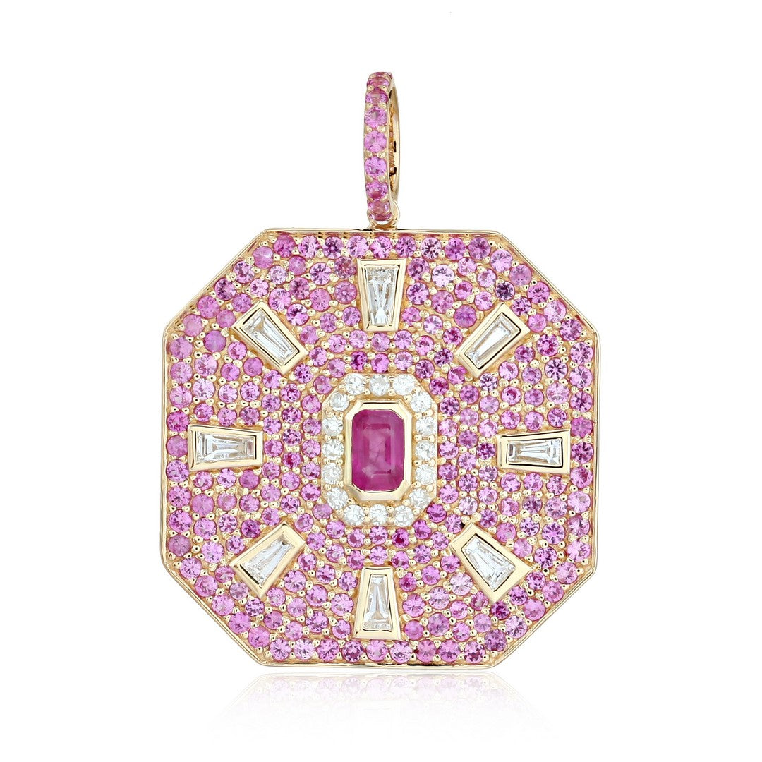 Blue Sapphire & Diamond Octagon Pendant in 14K Yellow Gold