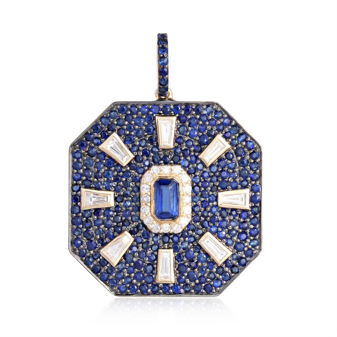 Blue Sapphire & Diamond Octagon Pendant in 14K Yellow Gold