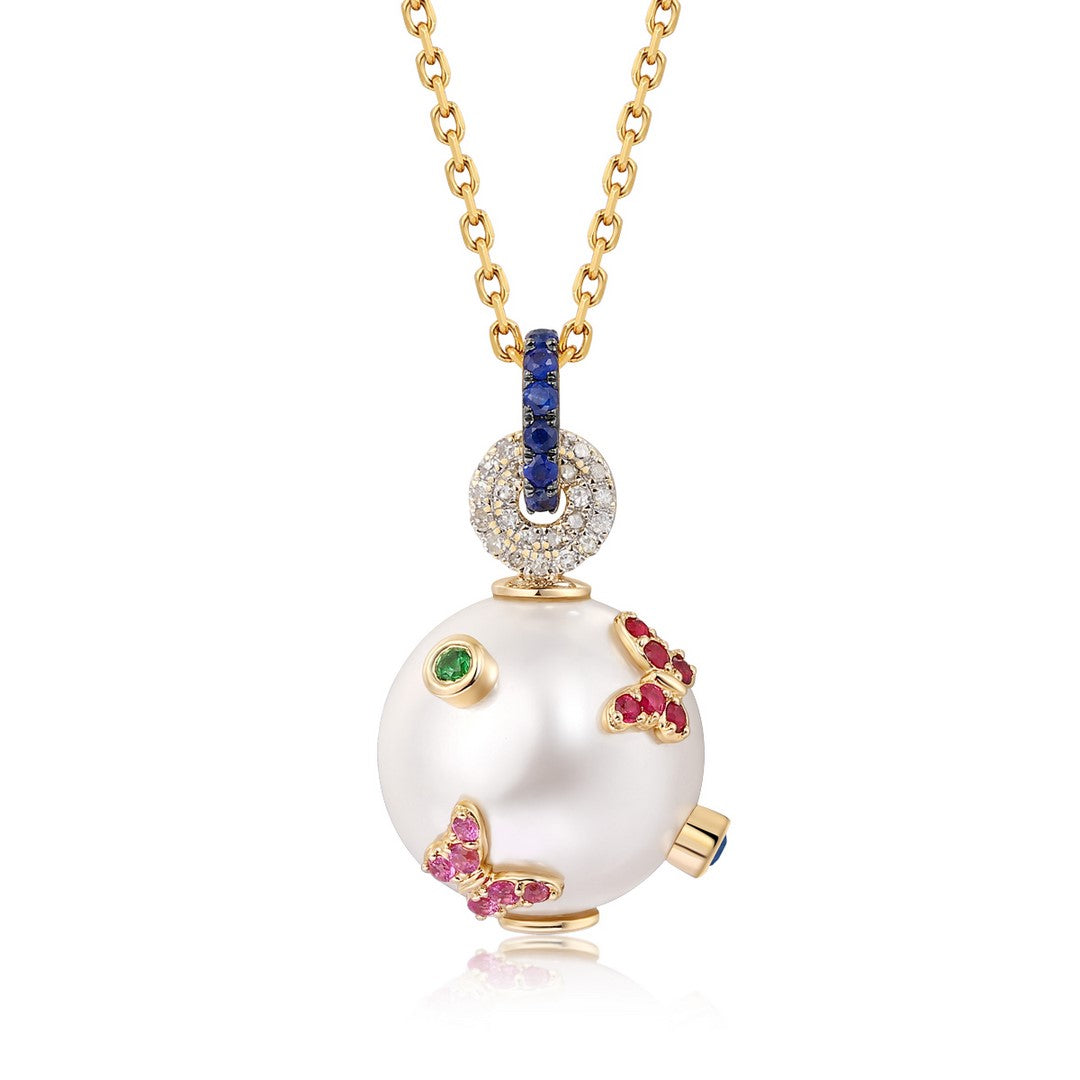 Multicolor Gemstone & Diamond Mother-of-Pearl Globe Pendant in 14K Yellow Gold