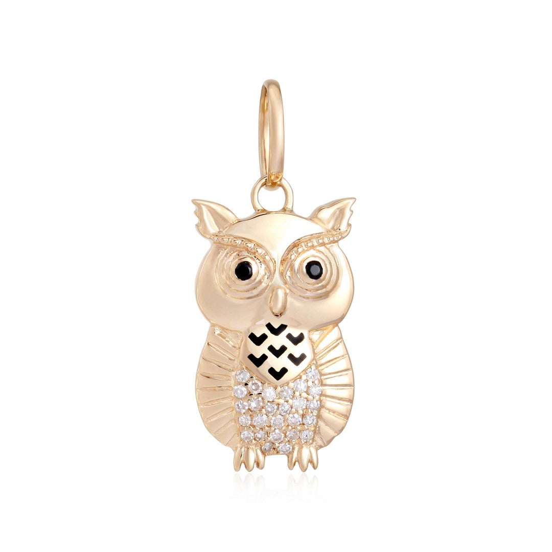Diamond & Black Stone Owl Pendant in 14K Yellow Gold