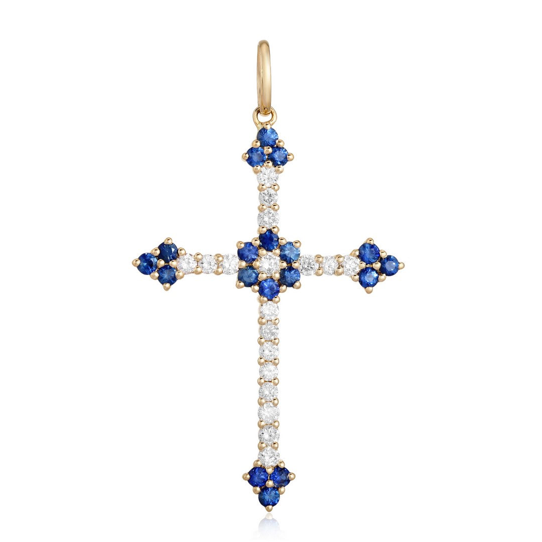 14K Yellow Gold Diamond & Blue Sapphire Cross Pendant
