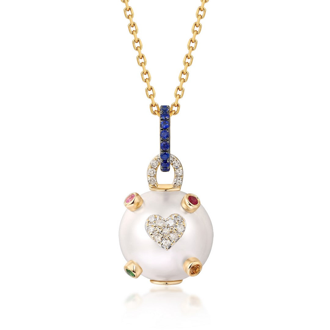 Diamond Heart & Multicolor Gemstone Mother-of-Pearl Pendant in 14K Yellow Gold