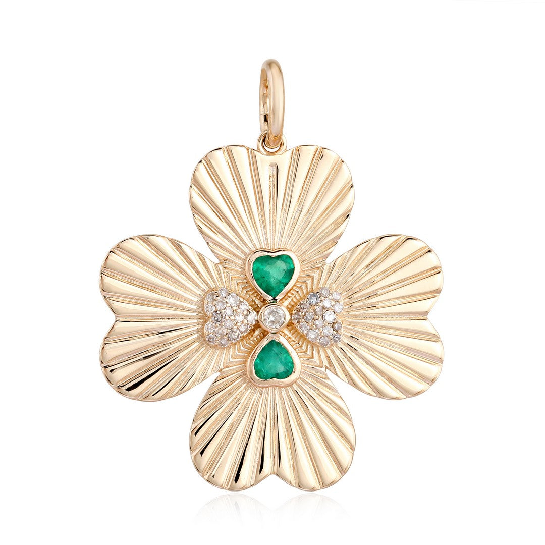 Emerald & Diamond Clover Flower Pendant in 14K Yellow Gold