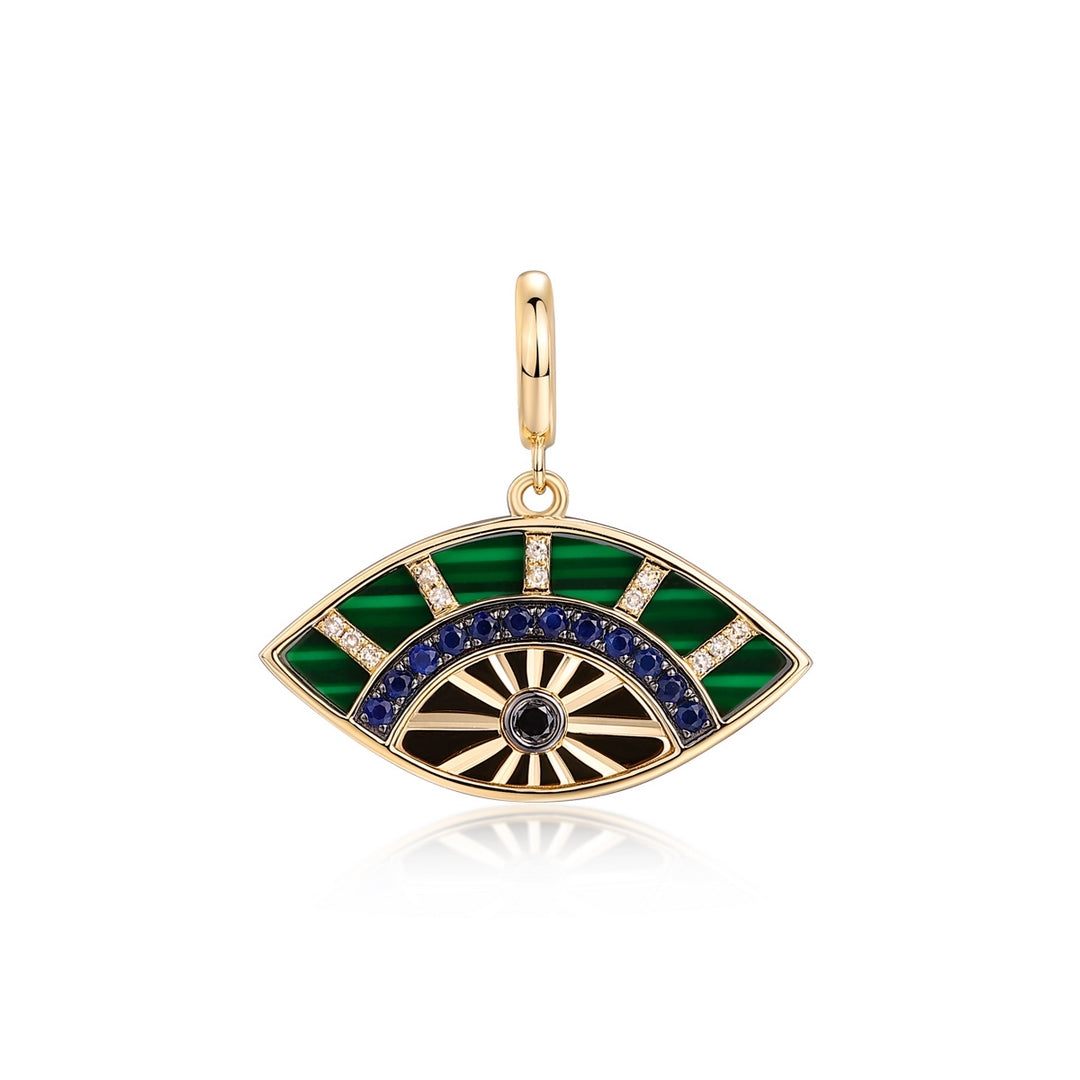 Malachite, Sapphire & Diamond Eye Pendant in 14K Yellow Gold