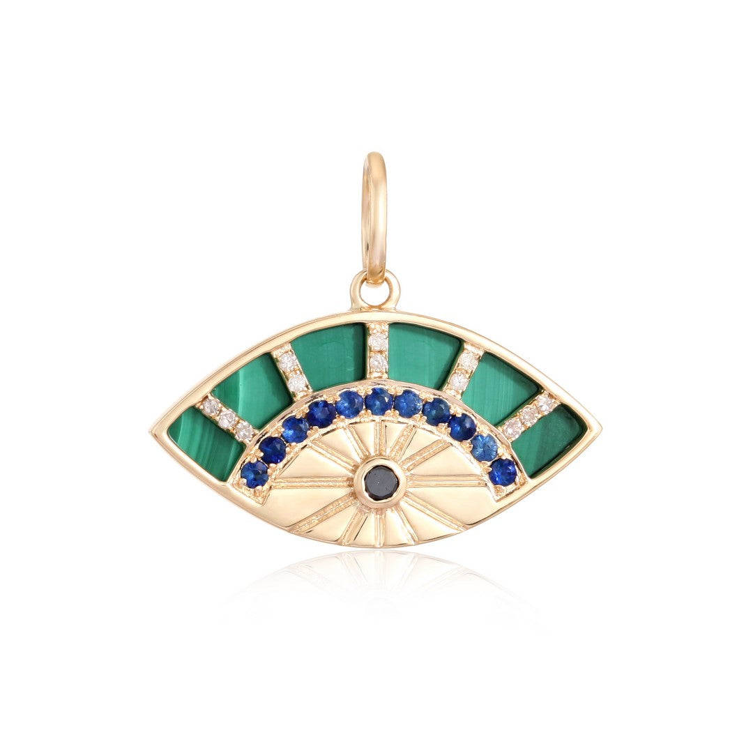 Malachite, Sapphire & Diamond Eye Pendant in 14K Yellow Gold
