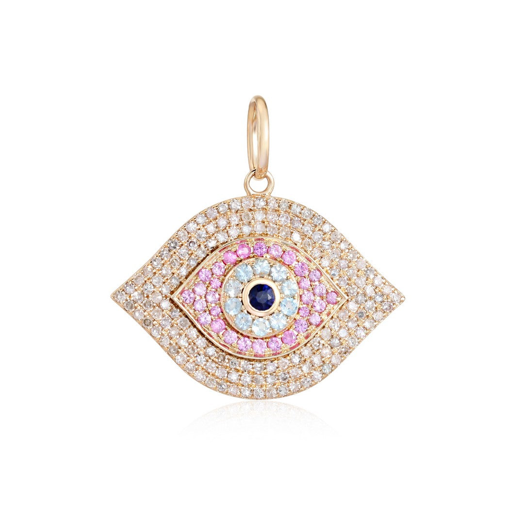 Multicolor Gemstone & Diamond Evil Eye Pendant in 14K Yellow Gold