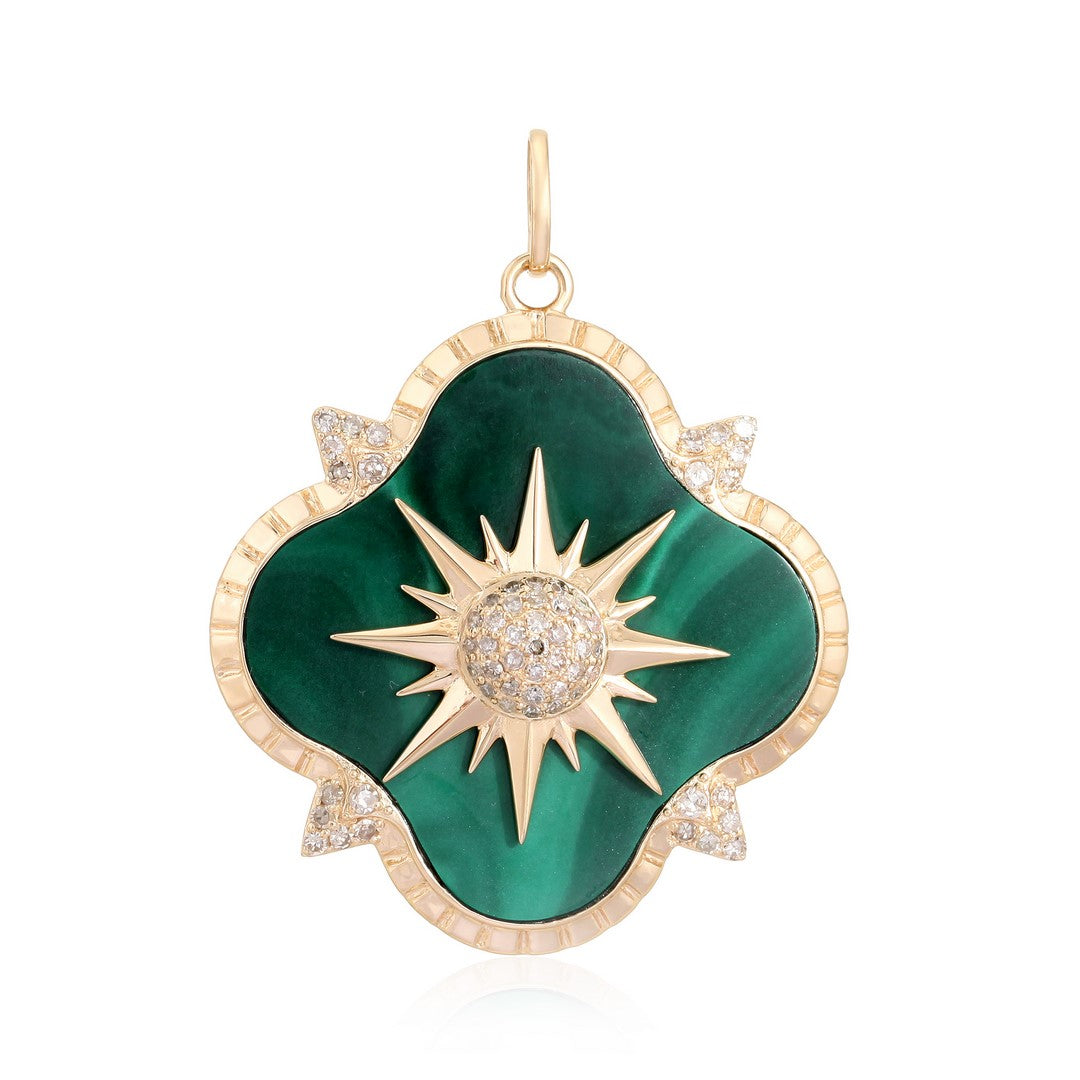 Malachite & Diamond Starburst Clover Pendant in 14K Yellow Gold