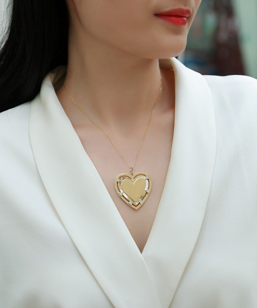 14K Yellow Gold Heart Diamond Pendant Necklace