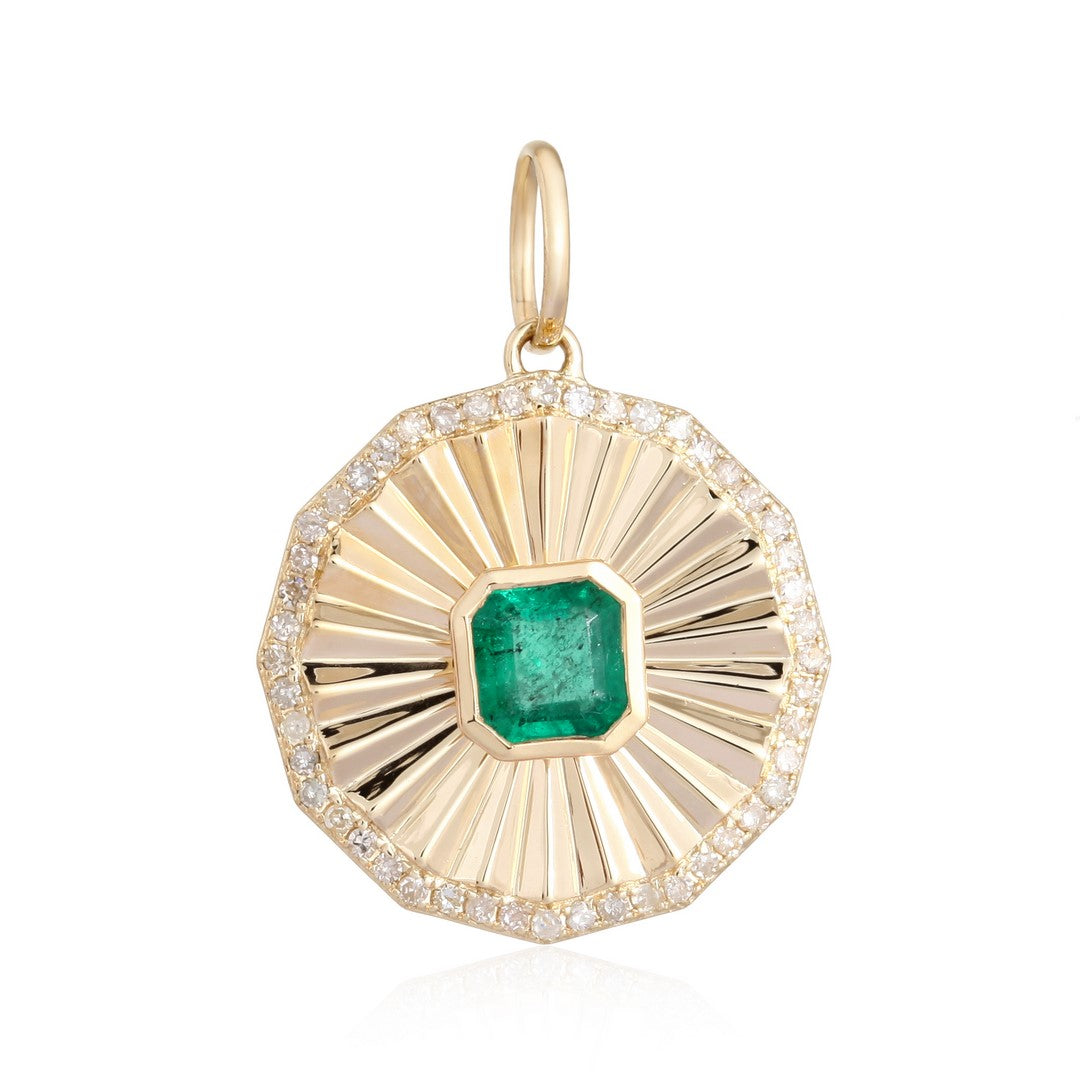 14K Yellow Gold Emerald & Diamond Sunburst Pendant Charm