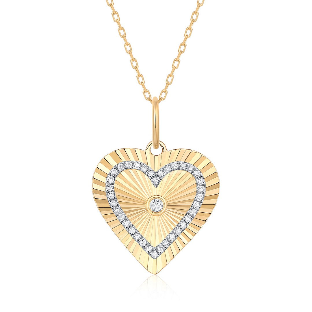 14K Yellow Gold Diamond Sunburst Heart Pendant Necklace