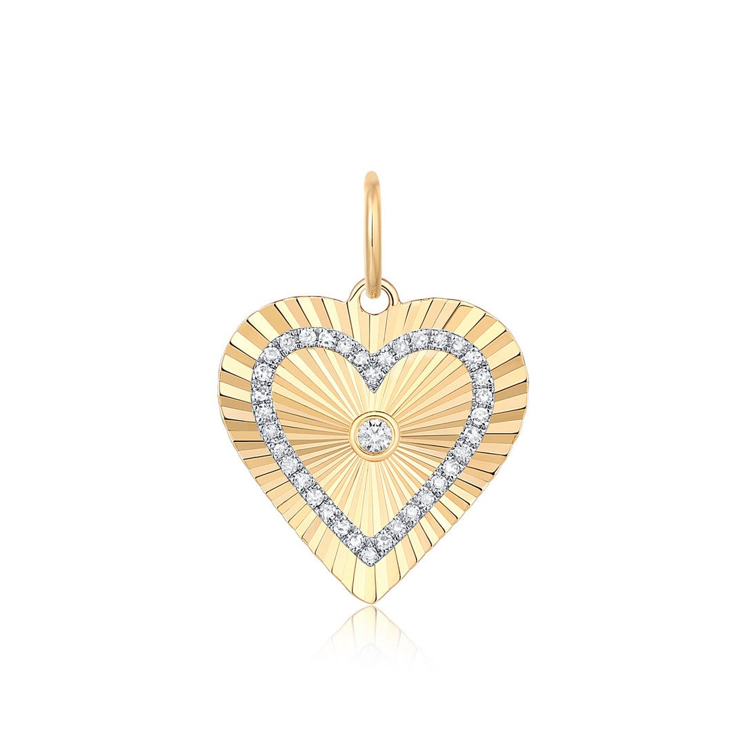 14K Yellow Gold Diamond Sunburst Heart Pendant Necklace