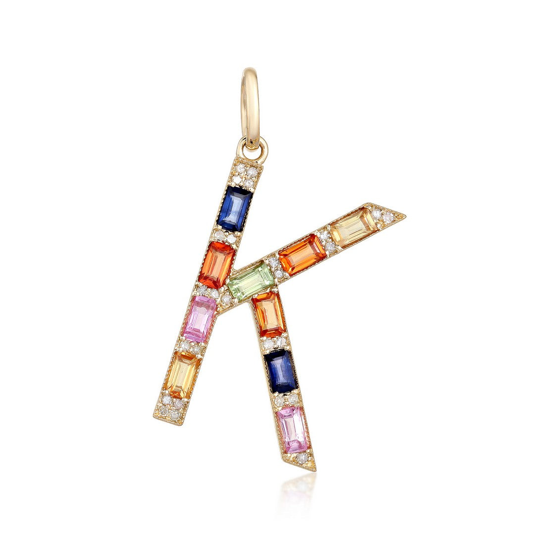 14K Yellow Gold Rainbow Gemstone & Diamond Letter K Pendant Charm
