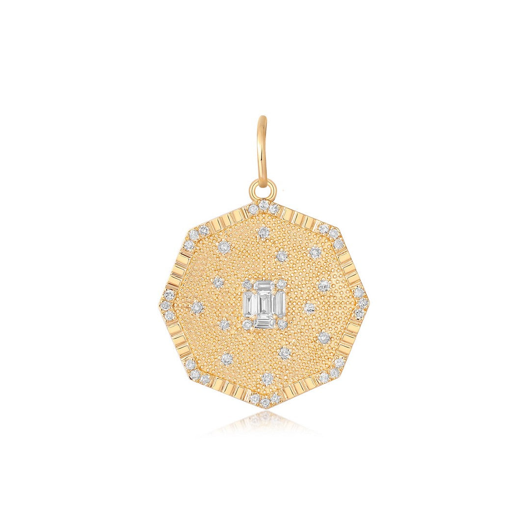 14K Yellow Gold Octagonal Diamond Medallion Pendant Charm