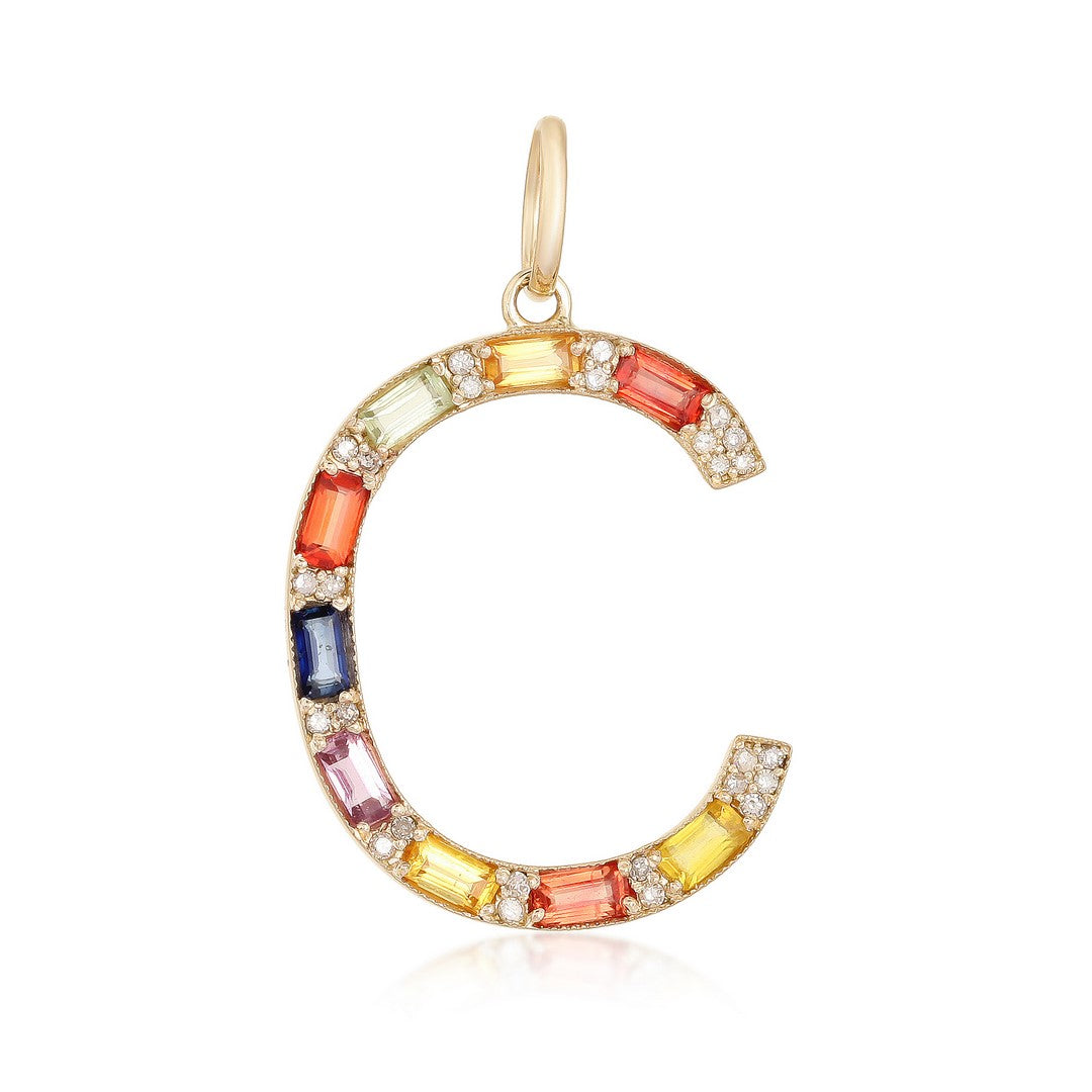 14K Yellow Gold Multi-Gemstone & Diamond Letter C Pendant Charm