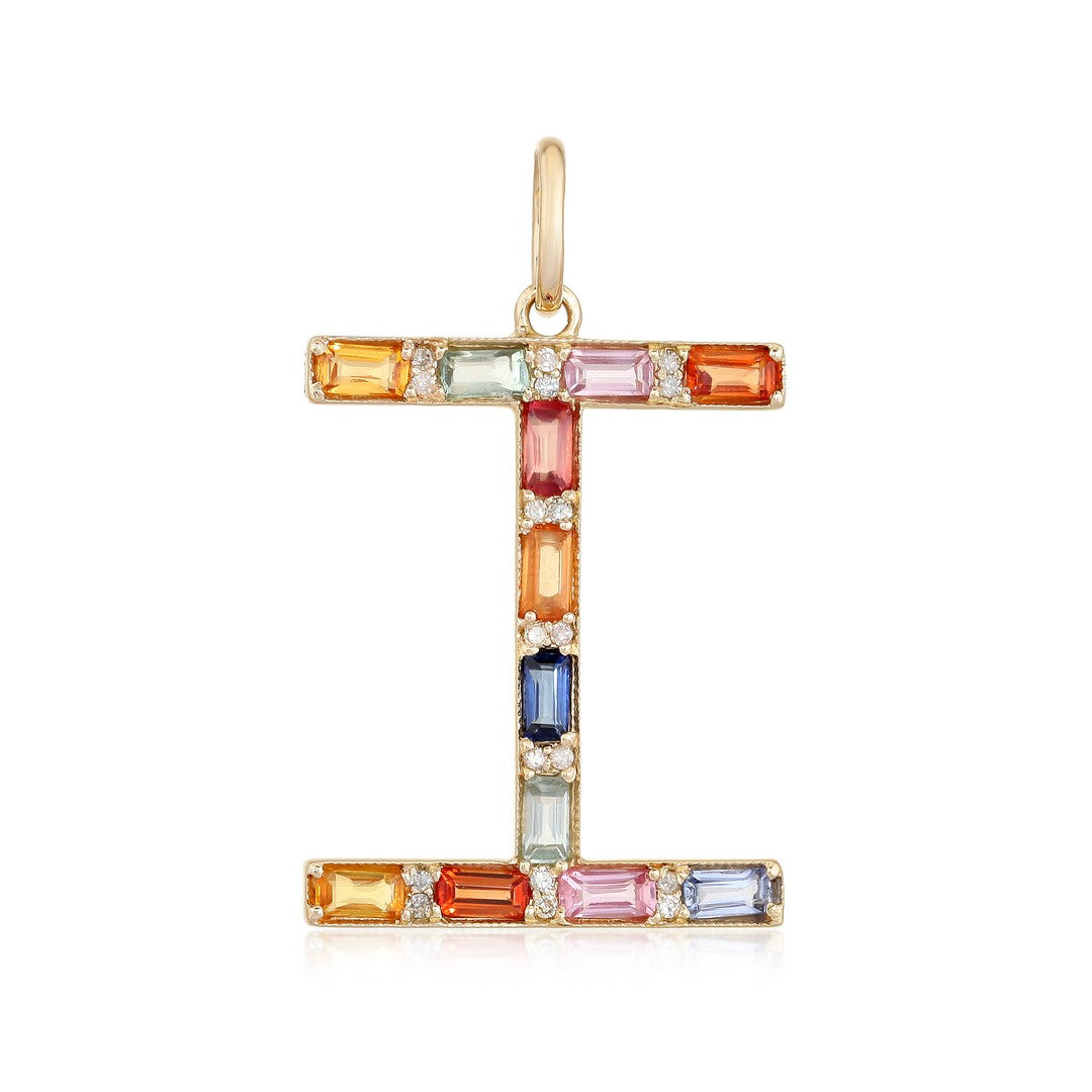 14K Yellow Gold Multi-Gemstone & Diamond Letter I Pendant Charm
